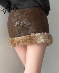 Aiertu Casual Patchwork Fur Trim Skirt With Belt Slim Solid High Waist Mini Skirts Women 2024 Autumn Winter Fashion Aiertu