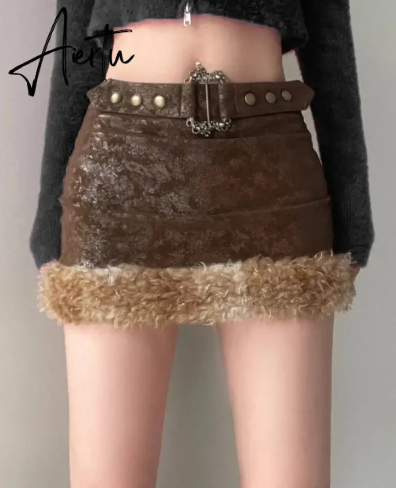 Aiertu Casual Patchwork Fur Trim Skirt With Belt Slim Solid High Waist Mini Skirts Women 2024 Autumn Winter Fashion Aiertu