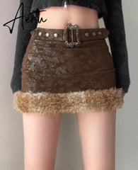 Aiertu Casual Patchwork Fur Trim Skirt With Belt Slim Solid High Waist Mini Skirts Women 2024 Autumn Winter Fashion Aiertu