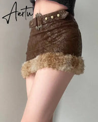 Aiertu Casual Patchwork Fur Trim Skirt With Belt Slim Solid High Waist Mini Skirts Women 2024 Autumn Winter Fashion Aiertu