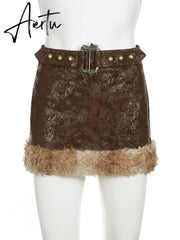 Aiertu Casual Patchwork Fur Trim Skirt With Belt Slim Solid High Waist Mini Skirts Women 2024 Autumn Winter Fashion Aiertu
