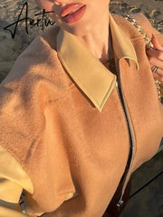 Aiertu Casual Patchwork Pu Leather Jackets Slim Turn-Down Collar Long Sleeve Coats Women Autumn Winter Fashion Streetwear Aiertu