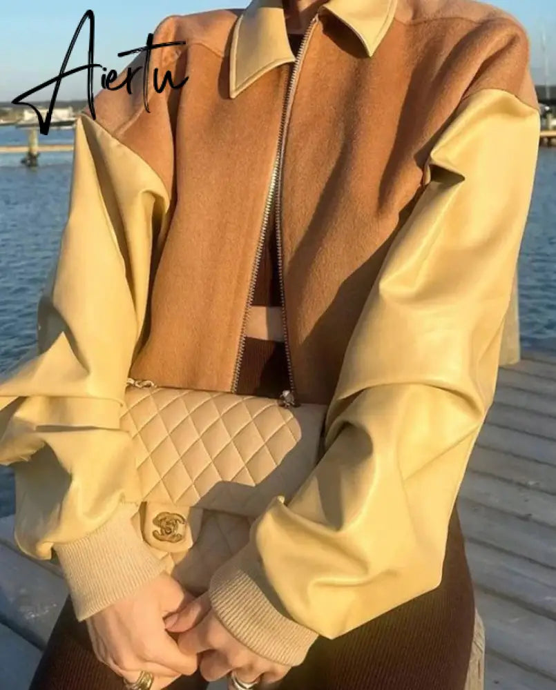 Aiertu Casual Patchwork Pu Leather Jackets Slim Turn-Down Collar Long Sleeve Coats Women Autumn Winter Fashion Streetwear Aiertu