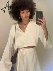 Aiertu Casual Satin Two Piece Dress Set For Women White O-neck Button Top Bandage Mini Pencil Skirts Outfits Fashion Party Suit Aiertu