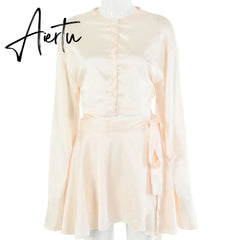 Aiertu Casual Satin Two Piece Dress Set For Women White O-neck Button Top Bandage Mini Pencil Skirts Outfits Fashion Party Suit Aiertu