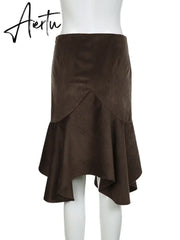 Aiertu Casual Solid Asymmetrical Skirt Elegant Fashion Basic High Waisted Midi Skirts Women 2024 Autumn Spring Fashion Ladies Aiertu
