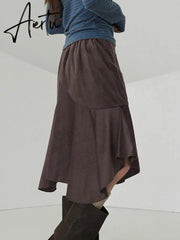 Aiertu Casual Solid Asymmetrical Skirt Elegant Fashion Basic High Waisted Midi Skirts Women 2024 Autumn Spring Fashion Ladies Aiertu