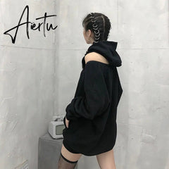 Aiertu Casual Solid Sweatshirt For Women Hooded Collar Long Sleeve Hollow Out Minimalist Sweatshirts Female Fashion Fall Aiertu