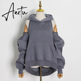 Aiertu Casual Solid Sweatshirt For Women Hooded Collar Long Sleeve Hollow Out Minimalist Sweatshirts Female Fashion Fall Aiertu
