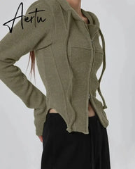 Aiertu Casual Streetwear Hooded Split Jackets Basic Solid Slim Zipper Long Sleeve Coats Women Autumn Winter Fashion Lady Aiertu