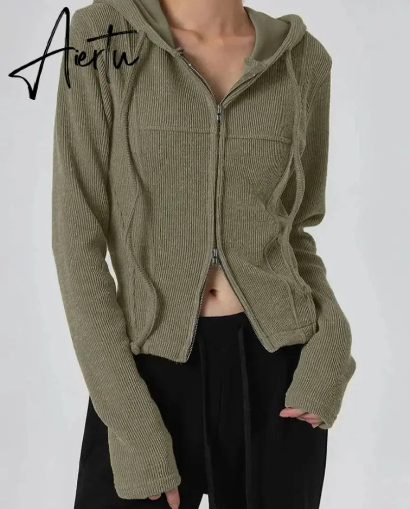 Aiertu Casual Streetwear Hooded Split Jackets Basic Solid Slim Zipper Long Sleeve Coats Women Autumn Winter Fashion Lady Aiertu