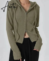 Aiertu Casual Streetwear Hooded Split Jackets Basic Solid Slim Zipper Long Sleeve Coats Women Autumn Winter Fashion Lady Aiertu