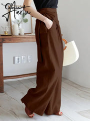 Aiertu Celmia Summer Breathable Cotton Long Pants Women Casual High Waist Lightweight Trouser Fashion Solid Wide Leg Pantalon Aiertu