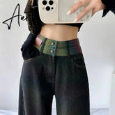 Aiertu Chic Double Waistband Vintage Wide Leg Jeans Women Autumn High Waist Bagge Cargo Pants Woman Y2K Streetwear Loose Denim Trousers Aiertu