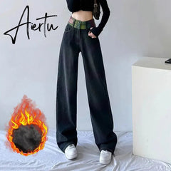 Aiertu Chic Double Waistband Vintage Wide Leg Jeans Women Autumn High Waist Bagge Cargo Pants Woman Y2K Streetwear Loose Denim Trousers Aiertu
