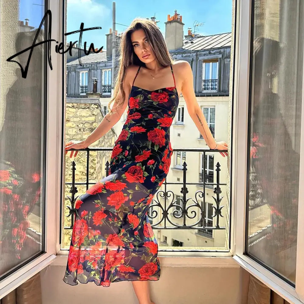 Aiertu Chic Fresh Rural Style Long Skirts Fashion Slim Fit Printed Suspended Dress 2023 Spring/Summer Sleeveless Off Shoulder Robes Aiertu