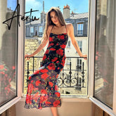 Aiertu Chic Fresh Rural Style Long Skirts Fashion Slim Fit Printed Suspended Dress 2023 Spring/Summer Sleeveless Off Shoulder Robes Aiertu