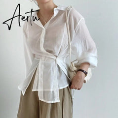 Aiertu Chic Loose Long Sleeve Blouse Women Clothing Irregular White Sunscreen Shirt Women Fashion Casual Button Shirts Tops Aiertu