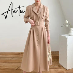Aiertu Chic Solid Color Simple Basic Woman Dress Spring Fashion Street Women Dress Black Khaki Apricot Blue A-line Dress Female Aiertu