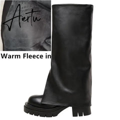 Aiertu Chic Trending Slit Trousers Pattern Kneehigh Boots for Women's Brand Natural Cow Leather Chunky Goth Boots Platform Shoes Ladies Aiertu