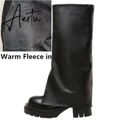 Aiertu Chic Trending Slit Trousers Pattern Kneehigh Boots for Women's Brand Natural Cow Leather Chunky Goth Boots Platform Shoes Ladies Aiertu