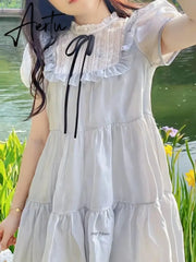 Aiertu Chiffon Dress Women Spring Summer New Japanese Cute Splice Bow Tie Dresses Fashion Elegant Sweet Fit A-line Skirt Womens Aiertu