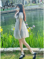 Aiertu Chiffon Dress Women Spring Summer New Japanese Cute Splice Bow Tie Dresses Fashion Elegant Sweet Fit A-line Skirt Womens Aiertu