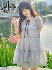 Aiertu Chiffon Dress Women Spring Summer New Japanese Cute Splice Bow Tie Dresses Fashion Elegant Sweet Fit A-line Skirt Womens Aiertu