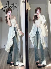 Aiertu Chiffon Fashion Outfits 2 Piece Skirt Set Sexy Strap Dress + Beige Long Tops Ruched Mori Girl Simple 2024 Summer Korean Fashion Aiertu