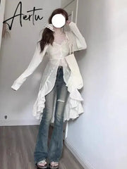 Aiertu Chiffon Fashion Outfits 2 Piece Skirt Set Sexy Strap Dress + Beige Long Tops Ruched Mori Girl Simple 2024 Summer Korean Fashion Aiertu