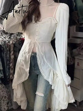 Aiertu Chiffon Fashion Outfits 2 Piece Skirt Set Sexy Strap Dress + Beige Long Tops Ruched Mori Girl Simple 2024 Summer Korean Fashion Aiertu