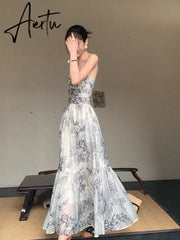 Aiertu Chinese Style Sleeveless Camisole Dress For Women With Summer Design Sense, Ink Painting Waistband Slim Fit Long Skirt Aiertu