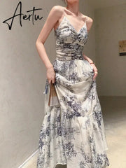 Aiertu Chinese Style Sleeveless Camisole Dress For Women With Summer Design Sense, Ink Painting Waistband Slim Fit Long Skirt Aiertu