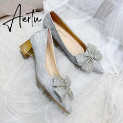 Aiertu Chunky Crystal Women Shoes Summer Sandals New Designer High Heels Bling Wedding Shoes Brand Bow Sexy Dress Pumps Zapatos Aiertu