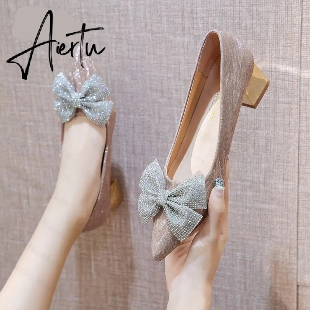Aiertu Chunky Crystal Women Shoes Summer Sandals New Designer High Heels Bling Wedding Shoes Brand Bow Sexy Dress Pumps Zapatos Aiertu