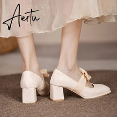 Aiertu Chunky Sweet Women Shoes Spring High Heels Bow Woman Shoes Luxury Brand Shallow Pumps Party Lady Shoes Dress Mujer Zapatos Aiertu