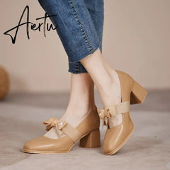 Aiertu Chunky Sweet Women Shoes Spring High Heels Bow Woman Shoes Luxury Brand Shallow Pumps Party Lady Shoes Dress Mujer Zapatos Aiertu