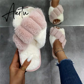 Aiertu Classic Design Women Winter House Furry Slippers Fluffy Faux Fur Home Slides Flat Fashion Indoor Floor Shoes Ladies Flip Flops Aiertu