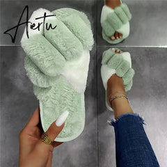 Aiertu Classic Design Women Winter House Furry Slippers Fluffy Faux Fur Home Slides Flat Fashion Indoor Floor Shoes Ladies Flip Flops Aiertu