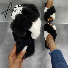 Aiertu Classic Design Women Winter House Furry Slippers Fluffy Faux Fur Home Slides Flat Fashion Indoor Floor Shoes Ladies Flip Flops Aiertu