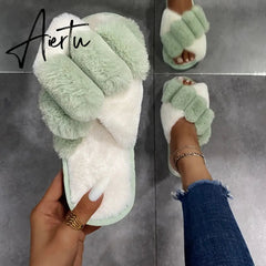 Aiertu Classic Design Women Winter House Furry Slippers Fluffy Faux Fur Home Slides Flat Fashion Indoor Floor Shoes Ladies Flip Flops Aiertu