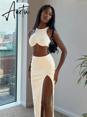 Aiertu Clubwear Sexy Slim Dress Set Women Holiday Basic Solid 2 Piece Sets Sleeveless Crop Tops High Waist Split Maxi Skirts Aiertu