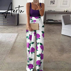 Aiertu Color Matching Women Sling Loose Jumpsuit High Waist Straight Female Casual Jumpsuits Summer Fashion Office Ladies Clothes Aiertu