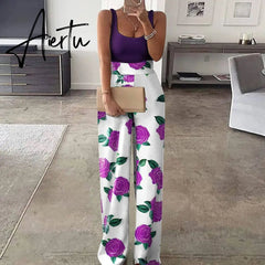 Aiertu Color Matching Women Sling Loose Jumpsuit High Waist Straight Female Casual Jumpsuits Summer Fashion Office Ladies Clothes Aiertu