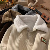Aiertu Corduroy Button Sweatshirts Pullover Warm Contrasting Polo Hoodie Women Vintage Harajuku Hoodies Oversized Plus Velvet Thickened Aiertu