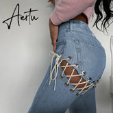 Aiertu Cotton Bandage Cut Out Sexy Y2K Jeans Autumn Winter Women Fashion Streetwear Outfits Denim Pants Trousers Aiertu