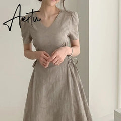 Aiertu Cotton Linen Long Dress Summer Slim Waist A Line Temperament Lady Retro Vintage Cute Korean Chic Women Dresses Vestidos Aiertu