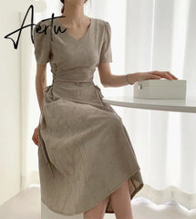 Aiertu Cotton Linen Long Dress Summer Slim Waist A Line Temperament Lady Retro Vintage Cute Korean Chic Women Dresses Vestidos Aiertu