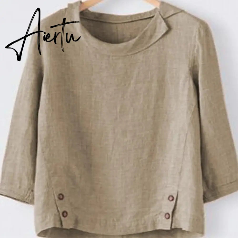 Aiertu Cotton Linen New Women Autumn Plus Size 5XL Long Sleeve Button Solid Color Casual T Shirts Women Fashion Clothing Aiertu
