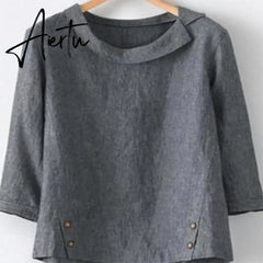 Aiertu Cotton Linen New Women Autumn Plus Size 5XL Long Sleeve Button Solid Color Casual T Shirts Women Fashion Clothing Aiertu